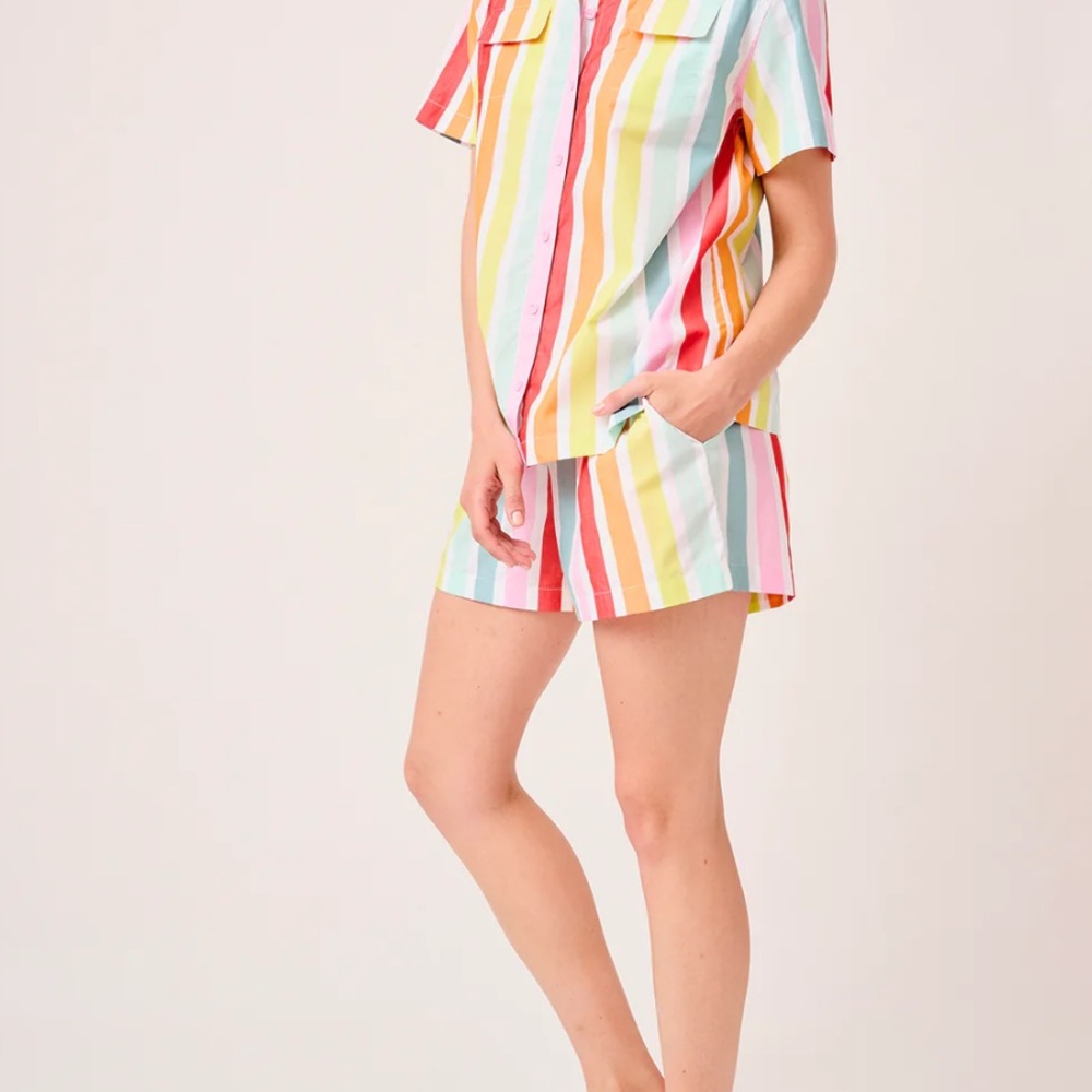 LAKE x Atlantic-Pacific Sadie Shorts Pajama Set Rainbow Stripe Size SMALL $124 - Picture 2 of 5